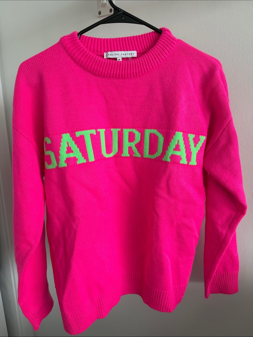 English Factory Neon Pink Crewneck Sweater with Lime 'SATURDAY' Lettering M